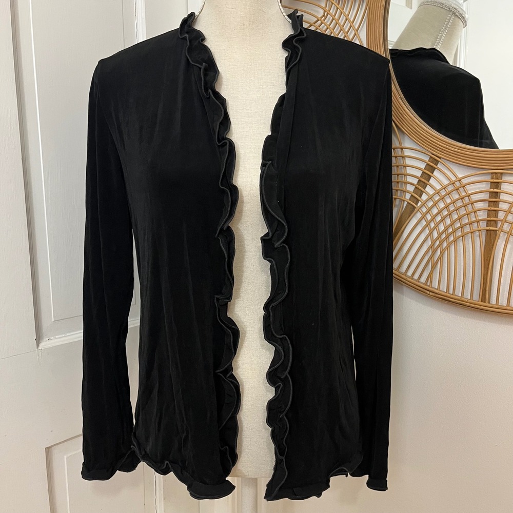 Chicos Travelers Cardigan Sz 1 M Black Ruffle Romanticgoth Victorian Gothic